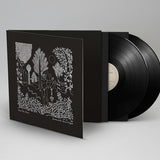 Vinyl record with black cover featuring white illustrations on a gray background