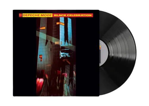 Vinyl record with 'Depeche Mode Black Celebration' on a white background