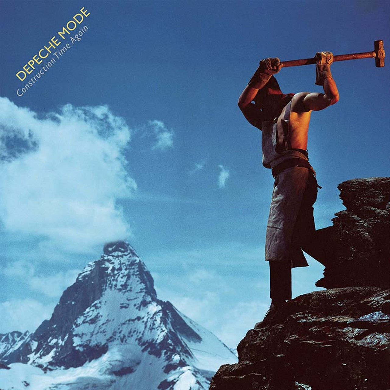 Album cover for Depeche Mode's 'Construction Time Again' with a person on a mountain peak.