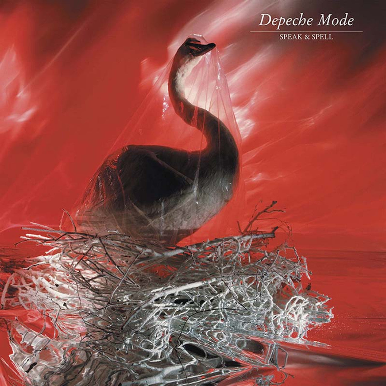 Album cover with a swan in a nest and red background for Depeche Mode's 'Speak & Spell'.