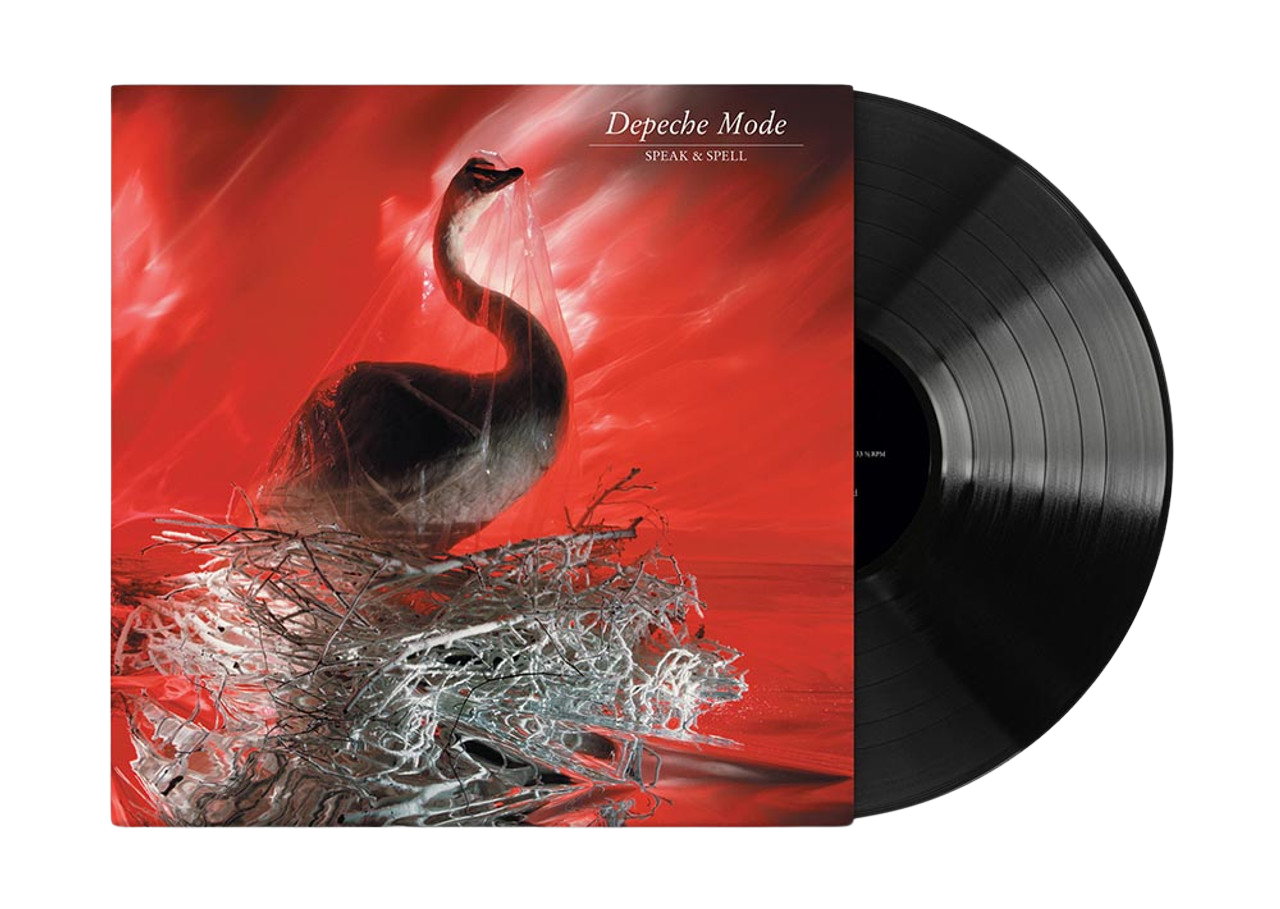 Vinyl record with a red and black cover featuring a swan and the title 'Depeche Mode: Speak & Spell'.