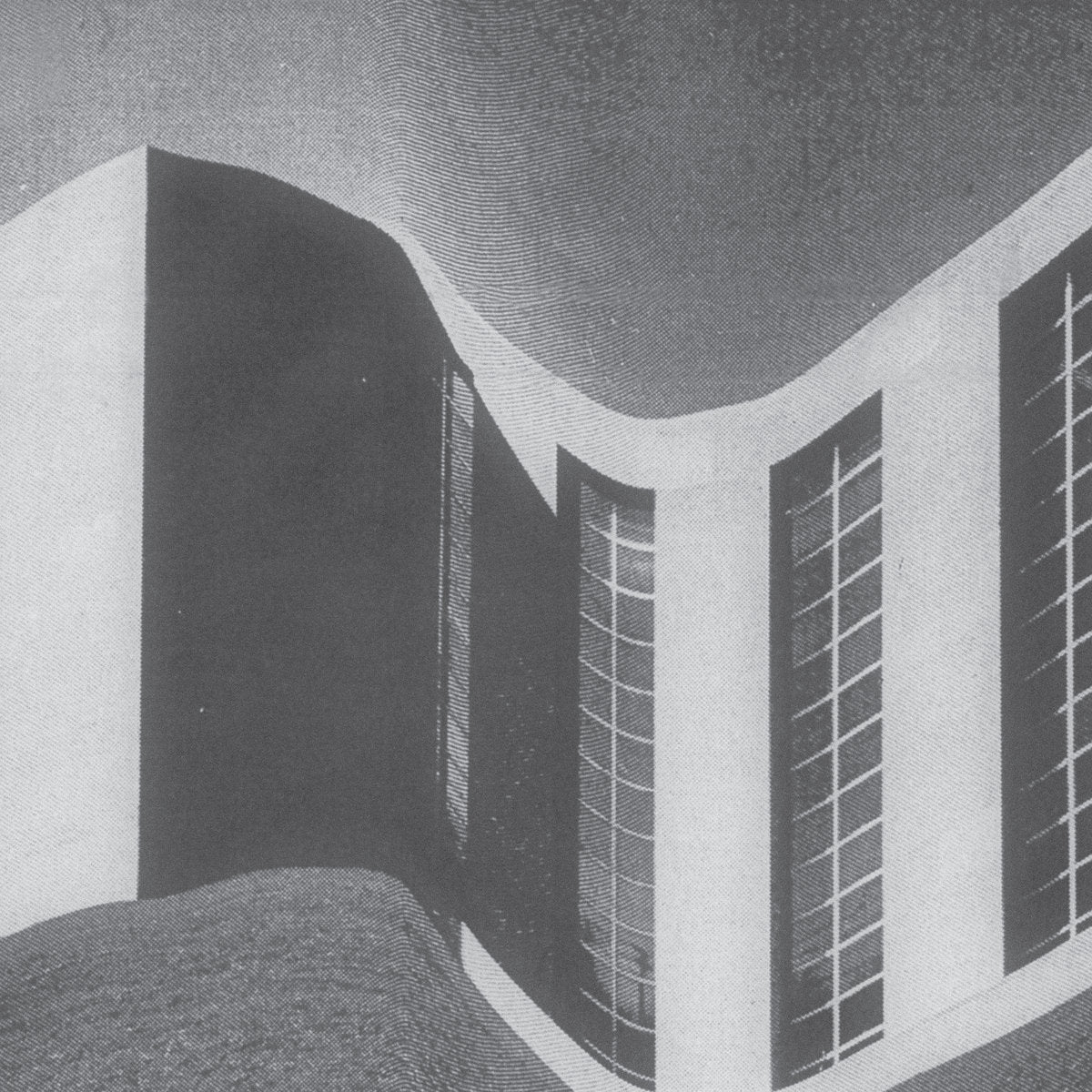 Abstract architectural design with curved lines and windows on a gray background