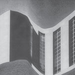 Abstract architectural design with curved lines and windows on a gray background