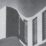 Abstract architectural design with curved lines and windows on a gray background