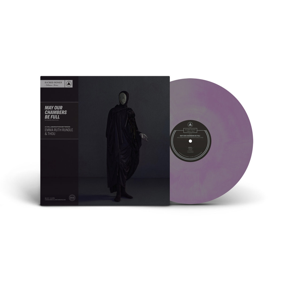 Vinyl record with a purple disc and black cover featuring a silhouette of a person.