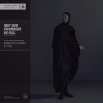 Album cover for Emma Ruth Rundle and Thou's "May Our Chambers Be Full" with a figure draped in black fabric against a dark background, featuring text on the left side.
