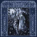 Album cover for Faetooth's "Labyrinthine" featuring a gothic-style illustration of a woman with a scythe in a decorative frame