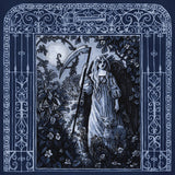 Album cover for Faetooth's "Labyrinthine" featuring a gothic-style illustration of a woman with a scythe in a decorative frame