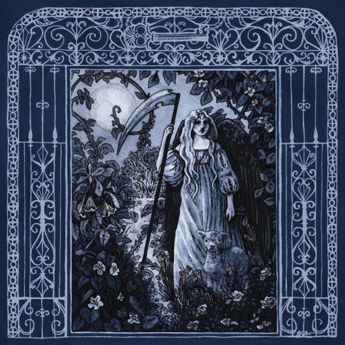 Album cover for Faetooth's "Labyrinthine" featuring a gothic-style illustration of a woman with a scythe in a decorative frame