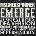 Album cover for Fischerspooner's 'Emerge' and various remix versions on a black background