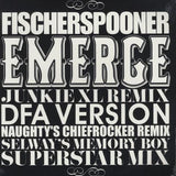 Album cover for Fischerspooner's 'Emerge' and various remix versions on a black background