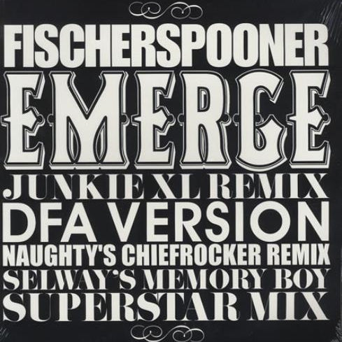 Album cover for Fischerspooner's 'Emerge' and various remix versions on a black background