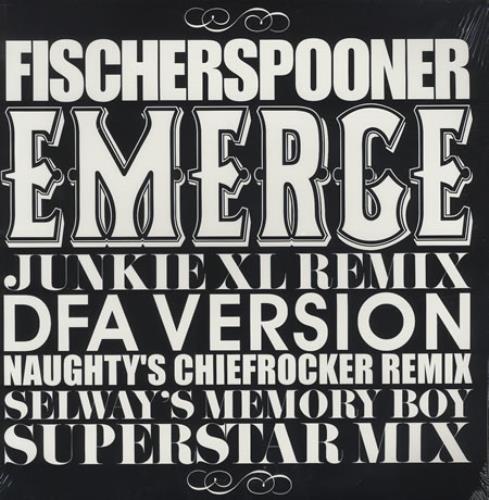 Album cover for Fischerspooner's 'Emerge' and various remix versions on a black background