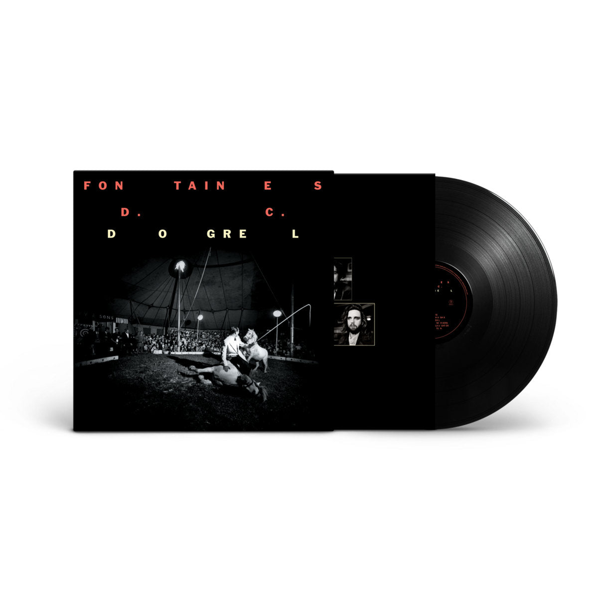 Vinyl record with a black and white cover featuring text and images on a white background