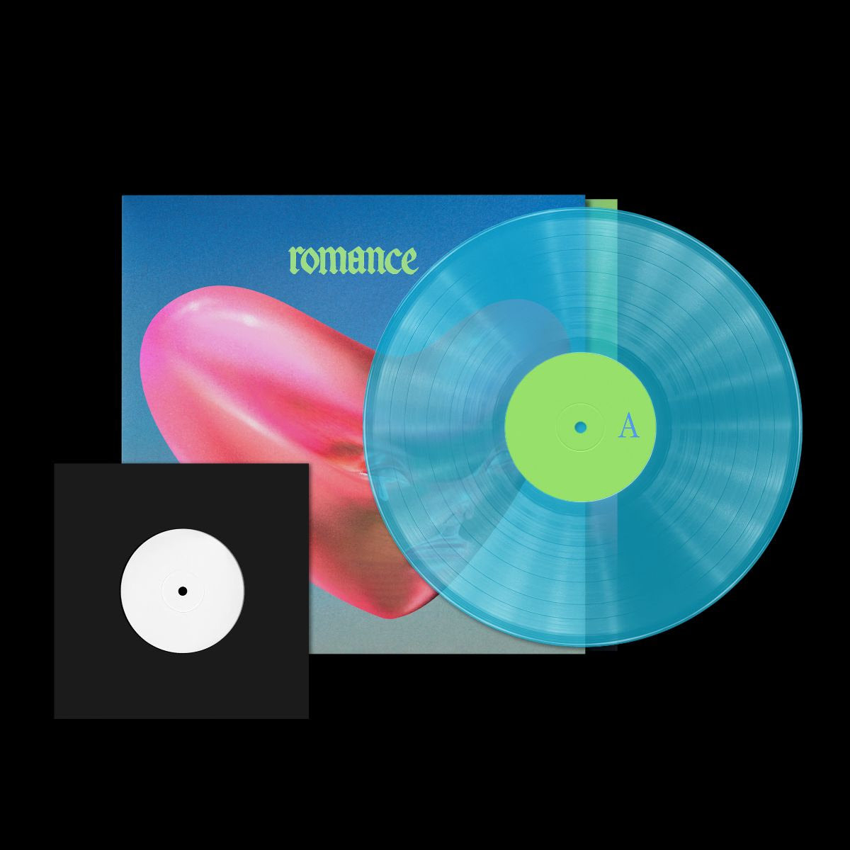 Turquoise vinyl record with a pink and blue cover titled 'romance'.