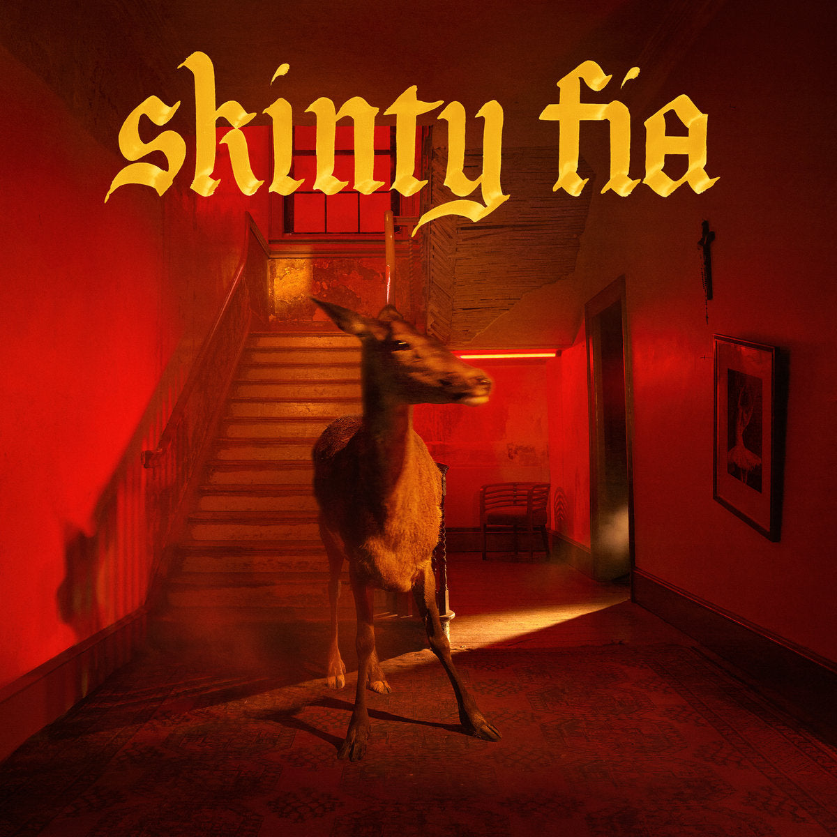 Stylized image of a deer in a hallway with red lighting and 'skinty fia' text for Fontaines D.C.'s 'Skinty 'Fia' album cover.