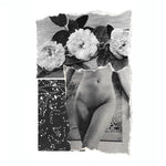 Collage with floral elements, a constellation pattern, and a partial image of a person.