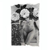 Collage with floral elements, a constellation pattern, and a partial image of a person.