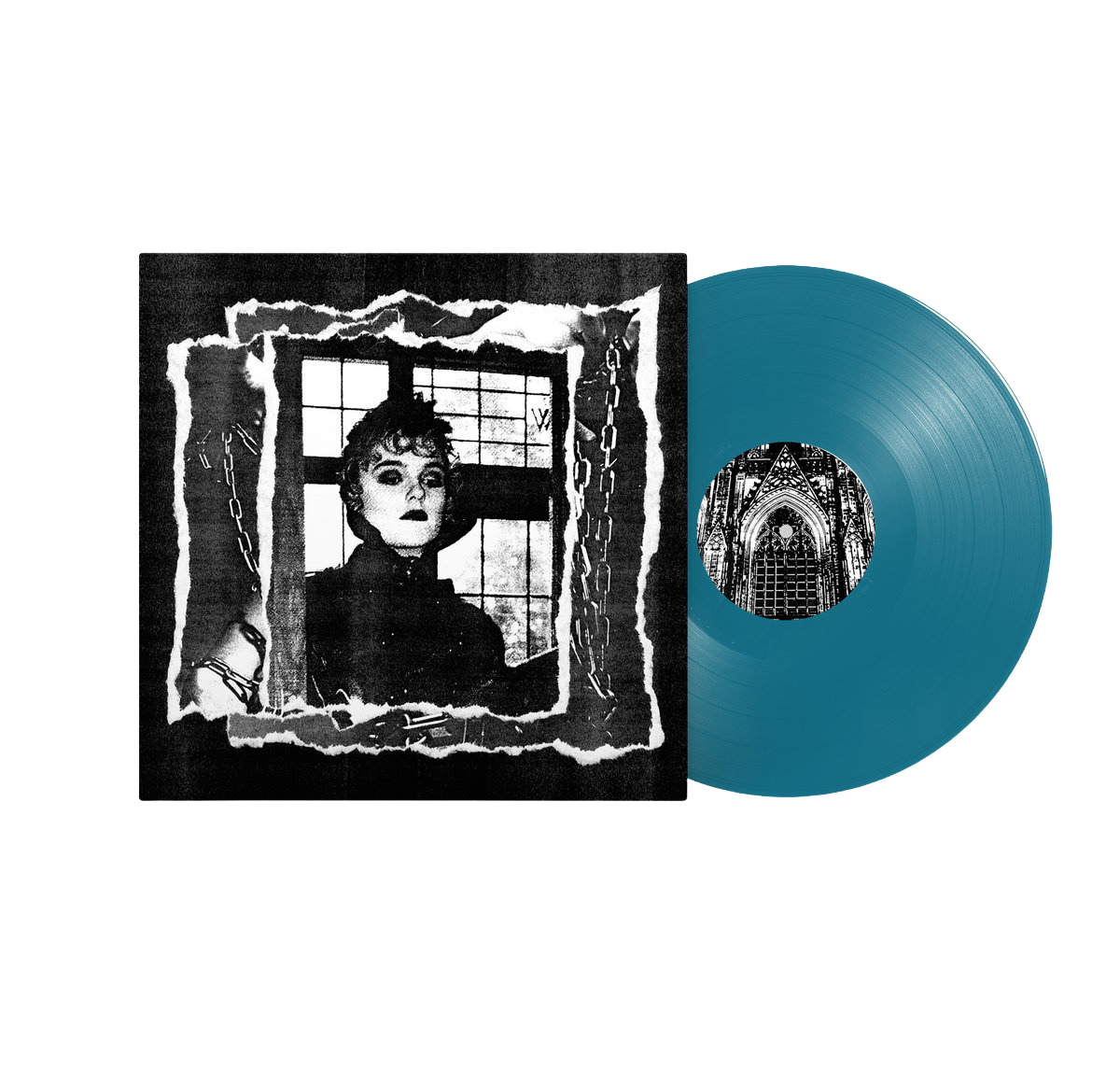 Vinyl record with a black and white cover featuring a person and a blue record.