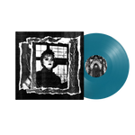 Vinyl record with a black and white cover featuring a person and a blue record.