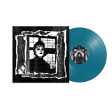 Vinyl record with a black and white cover featuring a person and a blue record.