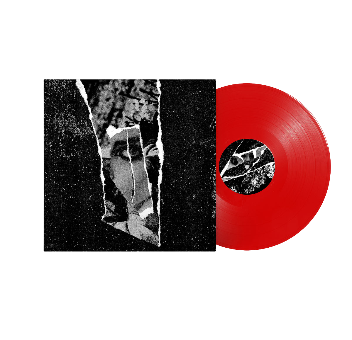 Red vinyl record with a black and white cover on a white background