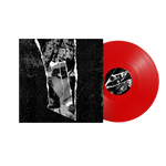 Red vinyl record with a black and white cover on a white background