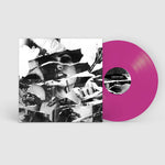 Vinyl record with a pink disc and black and white cover on a white background