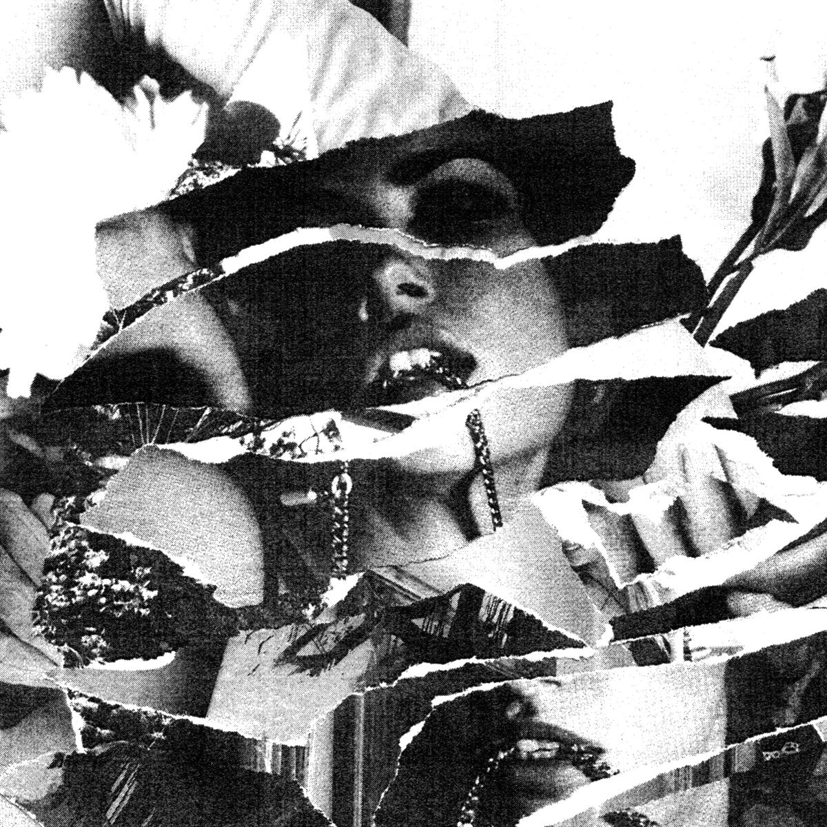 Black and white abstract art with woman biting down on a chain
