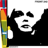 Album cover with a stylized face and colorful vertical stripe for Front 242's 'Geography'.