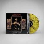 Vinyl record with a black and yellow cover featuring 'Front Line Assembly' and 'Caustic Grip'.