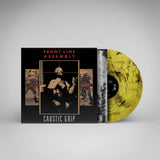 Vinyl record with a black and yellow cover featuring 'Front Line Assembly' and 'Caustic Grip'.