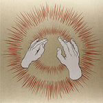 Album cover illustration of two hands reaching towards each other with red radiating lines on a beige background for Godspeed You Black Emperor's 'Lift Yr Skinny Fists'.