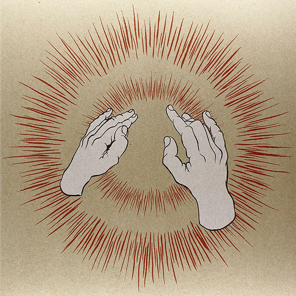 Album cover illustration of two hands reaching towards each other with red radiating lines on a beige background for Godspeed You Black Emperor's 'Lift Yr Skinny Fists'.