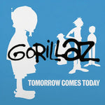 Album cover for 'Tomorrow Comes Today' by Gorillaz with silhouettes of band members on a blue background.