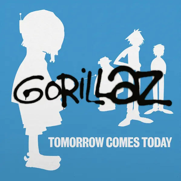 Album cover for 'Tomorrow Comes Today' by Gorillaz with silhouettes of band members on a blue background.