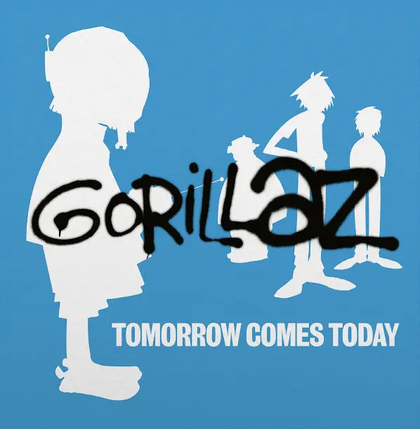 Album cover for 'Tomorrow Comes Today' by Gorillaz with silhouettes of band members on a blue background.