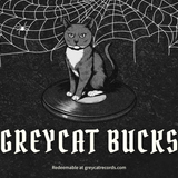 Cat figurine on a record with spider web design and 'Greycat Bucks' text.