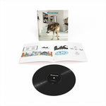 Vinyl record with a wolf illustration on the cover and an open book with more illustrations on a white background.
