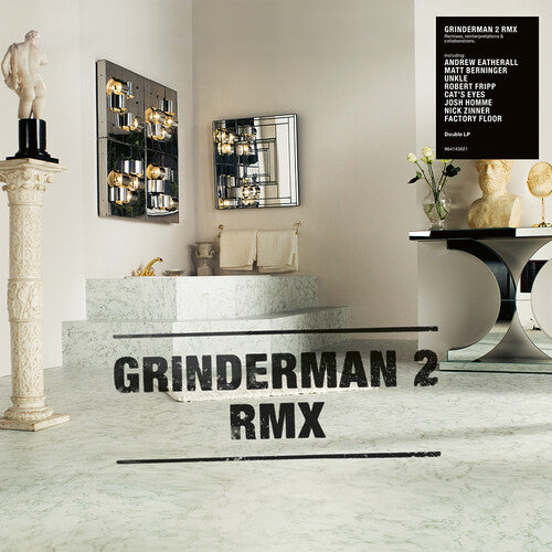 Album cover for 'Grinderman 2 RMX' by Grinderman with decorative elements in a stylish interior setting.