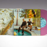 Vinyl record with a colorful cover featuring two people by a pool.