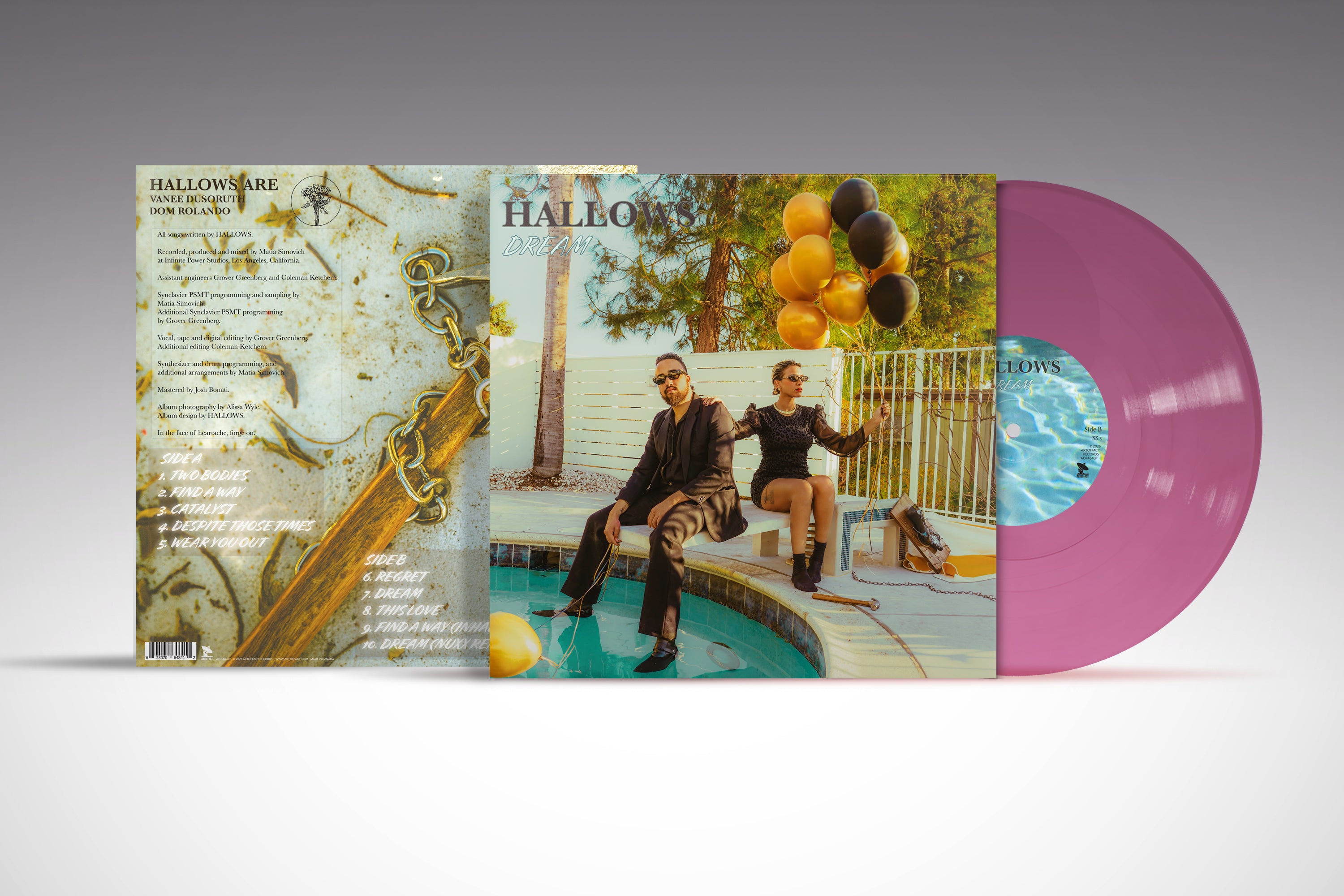 Vinyl record with a colorful cover featuring two people by a pool.
