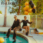 Two people sitting by a pool with balloons, with 'Hallows Dream' text at the top.