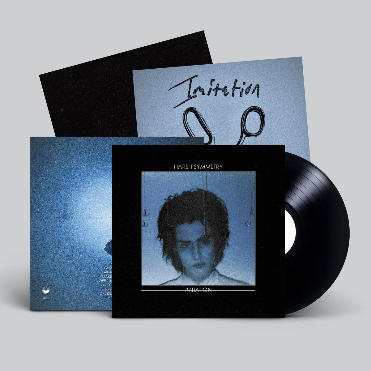 Vinyl record with cover and additional materials on a gray background