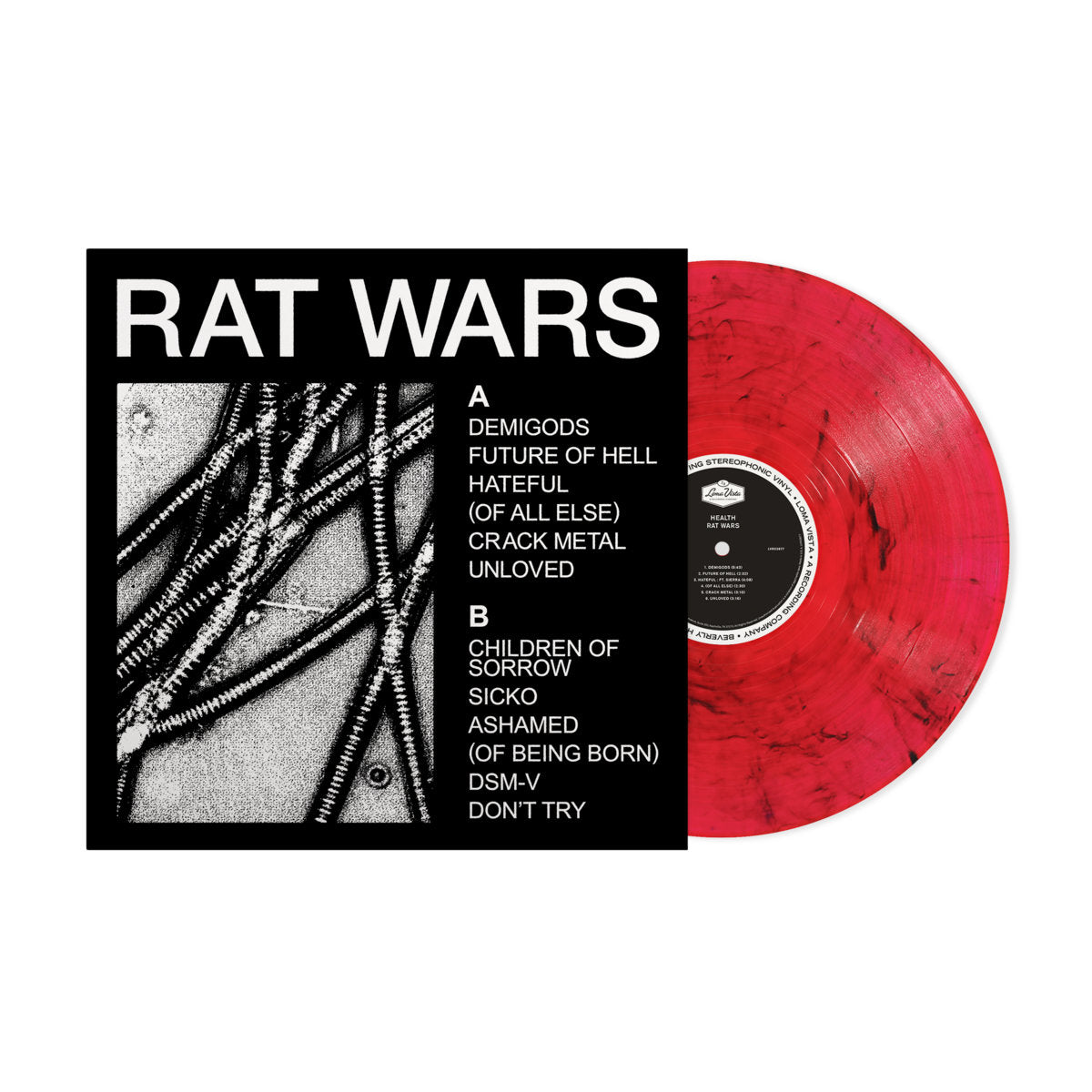 Vinyl record with red disc and black cover displaying album art and text.