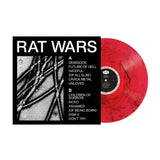 Vinyl record with red disc and black cover displaying album art and text.