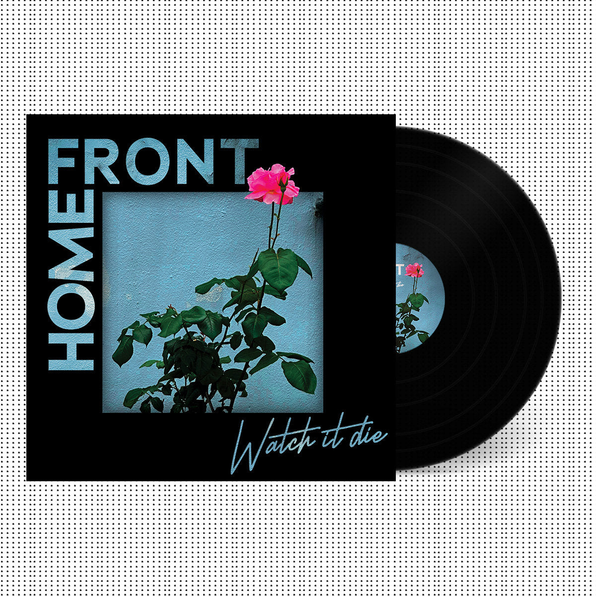 Vinyl record with a cover featuring a plant and pink flower on a white background with black dots.