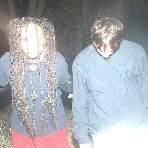 Album cover for 'Derealized' by Jadu Heart featuring two band members wearing blue jackets in a dark, outdoor setting