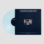 Vinyl record with a blue disc and black cover featuring a small video clip on a light gray background