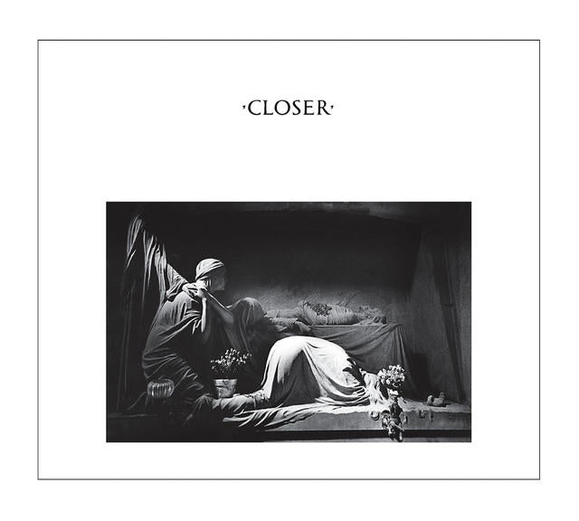 Album cover for 'Closer' by Joy Division with a black and white scene of a person lying down.